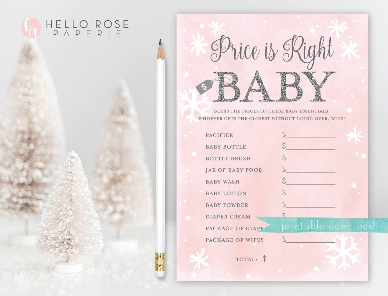 Price is Right Baby Shower Game. Winter Girl . Baby its Cold Outside . Pink and Silver Glitter . Printable Download
