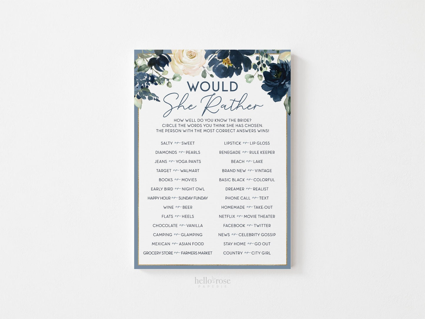 Would She Rather Printable Bridal Shower Game . Do You Know the Bride . Bachelorette Hen Party . Navy Floral Watercolor . Instant Download