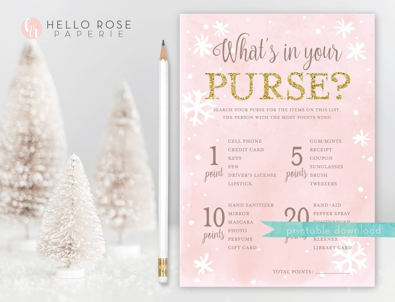 Whats in Your Purse Baby Shower Game . Winter Girl Baby Shower . Baby its Cold Outside . Pink and Gold Glitter . Printable Digital Download