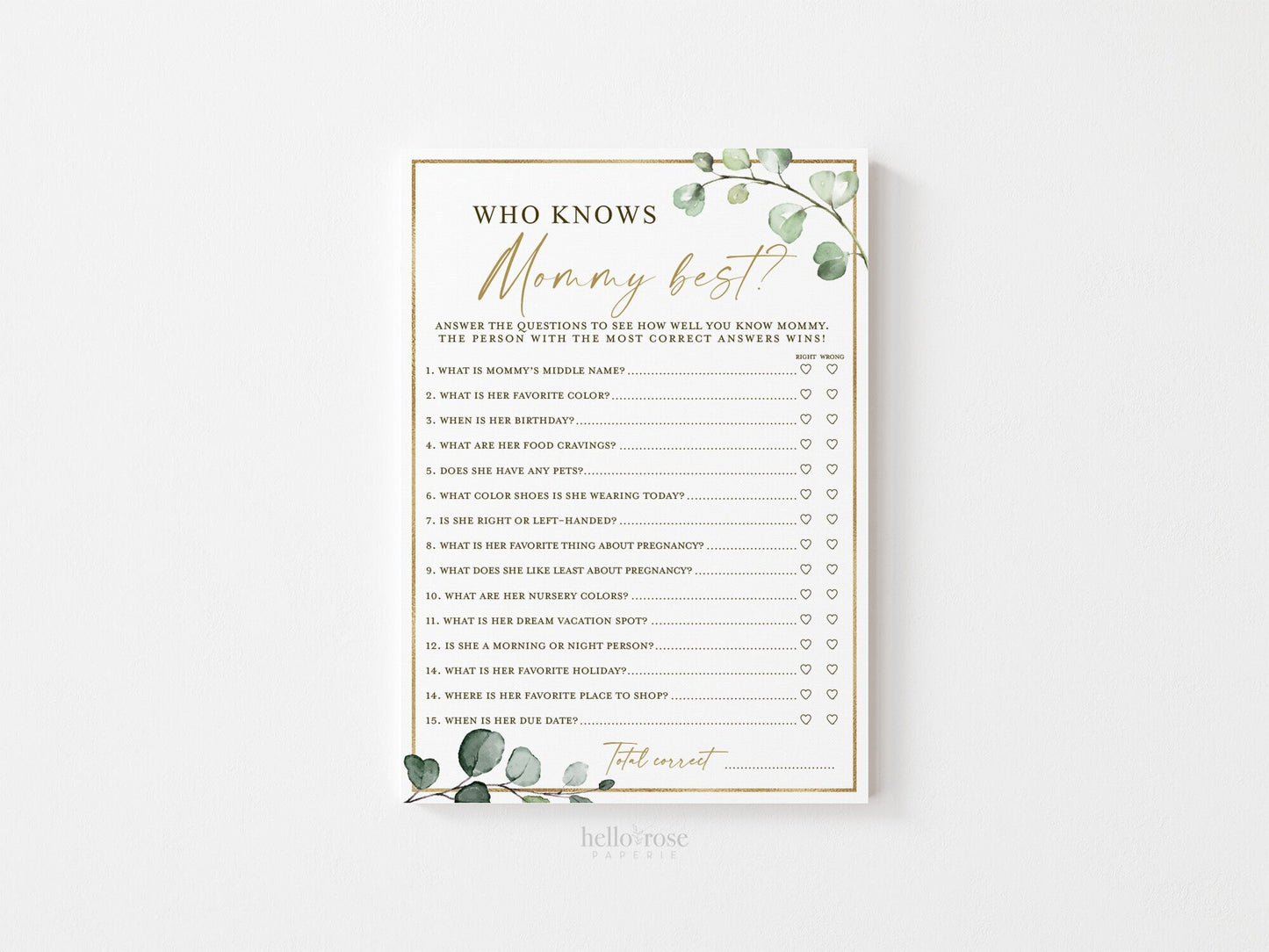 Who Knows Mommy Best Printable Baby Shower Game . How Well Do You Know Mommy to be . Greenery and Gold . Instant Download . G2