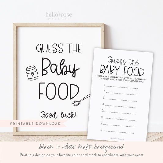 Guess the Baby Food Baby Shower Game Sign and Cards . Boy Girl Baby . Kraft + Black & White . Printable 8x10 Instant Digital Download . K4