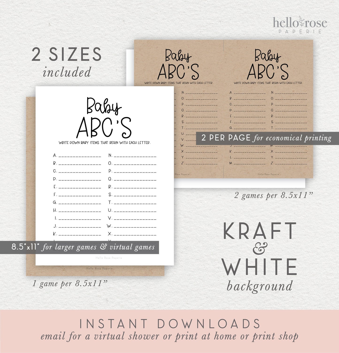 Baby ABC's Baby Shower Game . Baby Names Game . Boy Girl Neutral Game . Kraft + Minimalist Black & White . Instant Digital Download PDF . K4