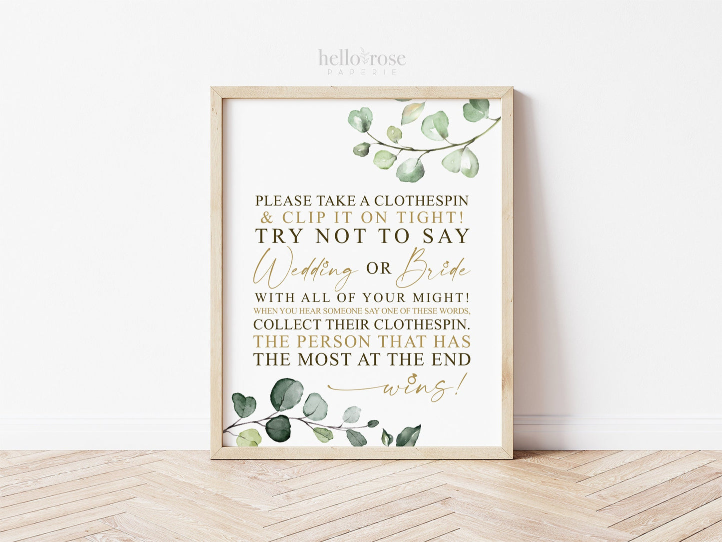 Dont Say Wedding or Bride CLOTHESPIN Game Sign Printable . Greenery + Gold . Bridal Shower Bachelorette Hen Party . 8x10 Instant Download G2