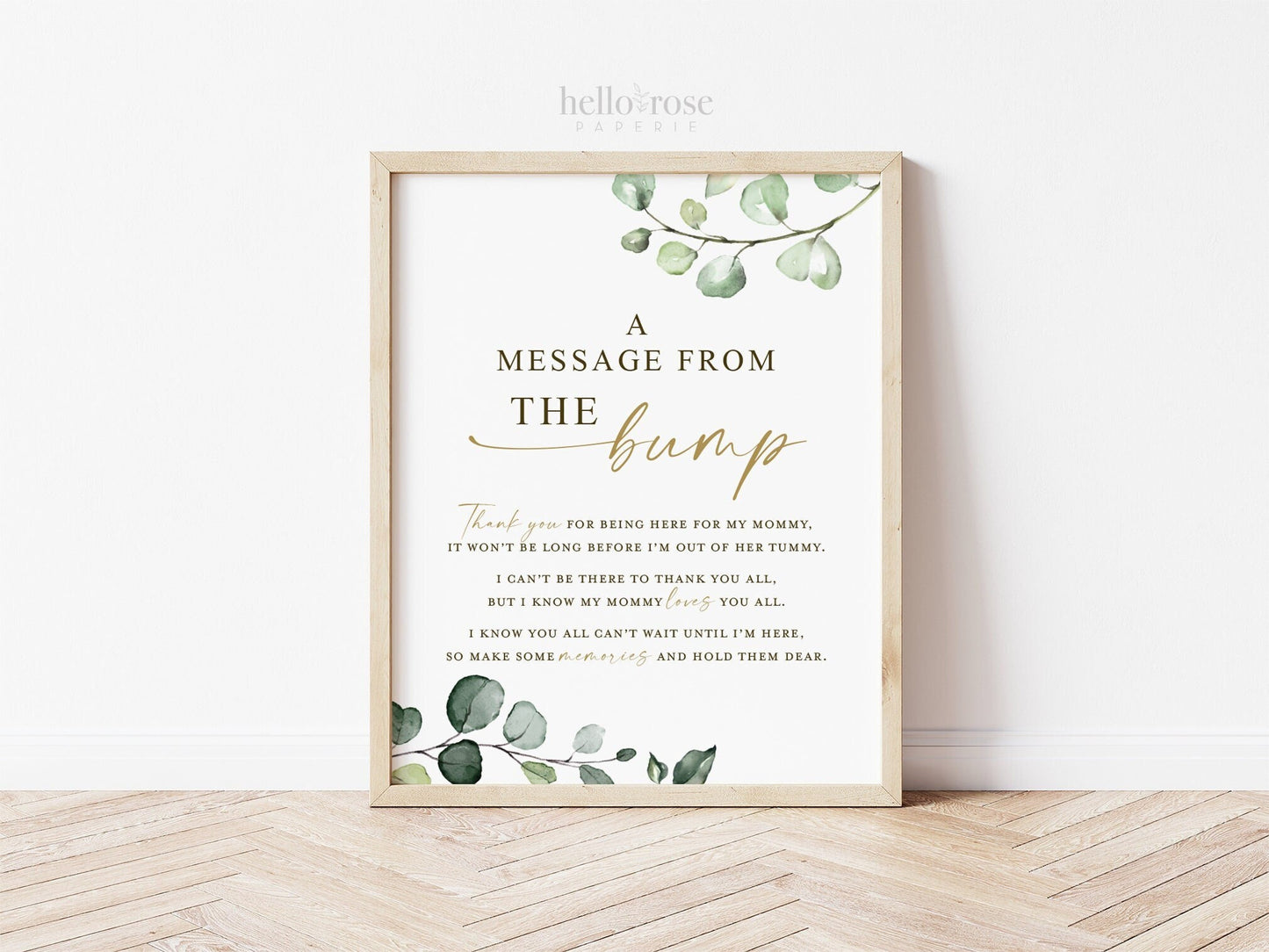 A Message From the Bump PRINTABLE . Baby Shower Baby Bump Sign . Message From Baby . Greenery and Gold . Instant Download 8x10 G2