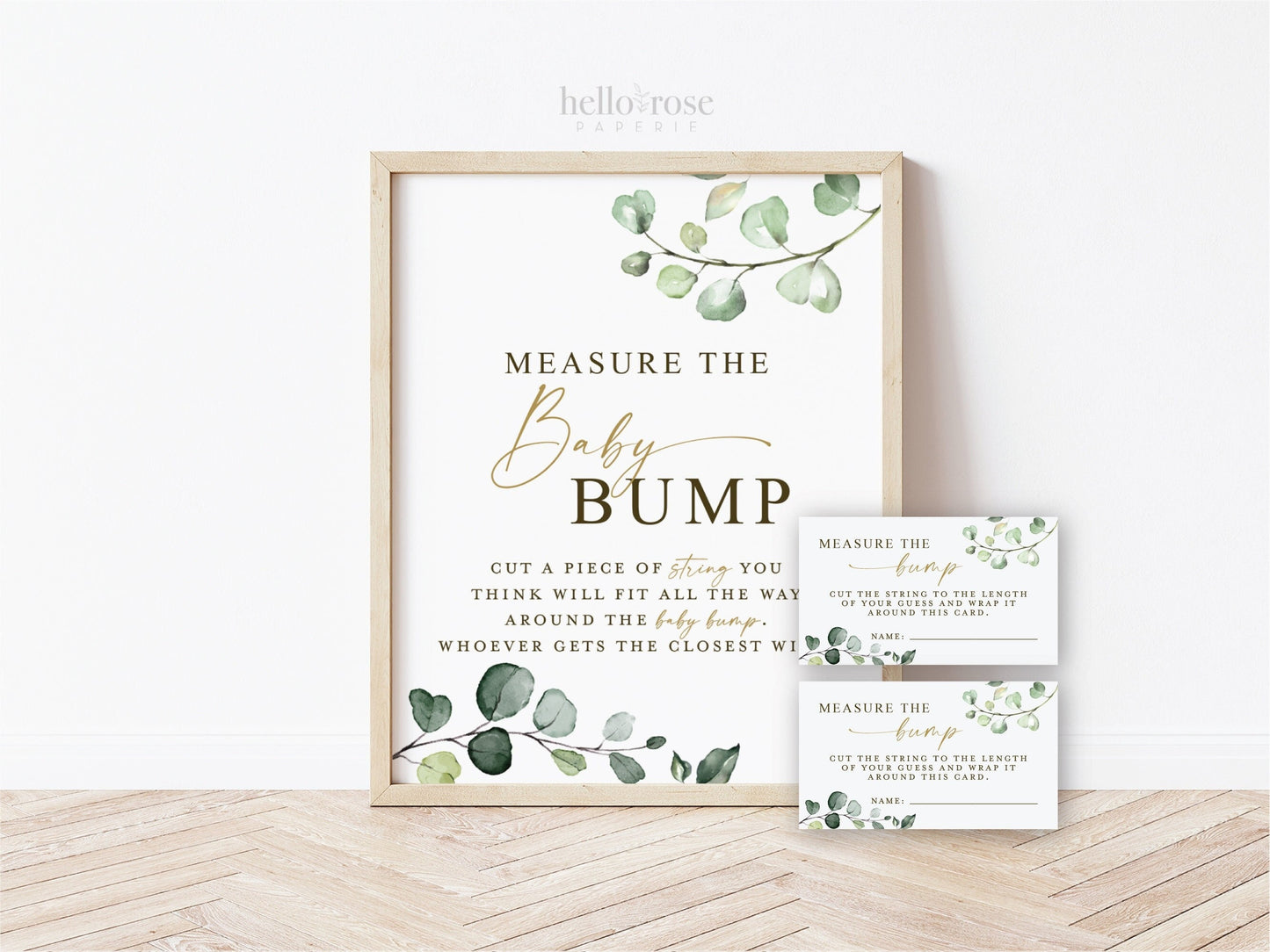 Measure the Baby Bump Baby Shower Game Sign + Cards . Boy Girl Neutral Baby Shower . Greenery and Gold Boho . 8x10 Sign Instant Download G2
