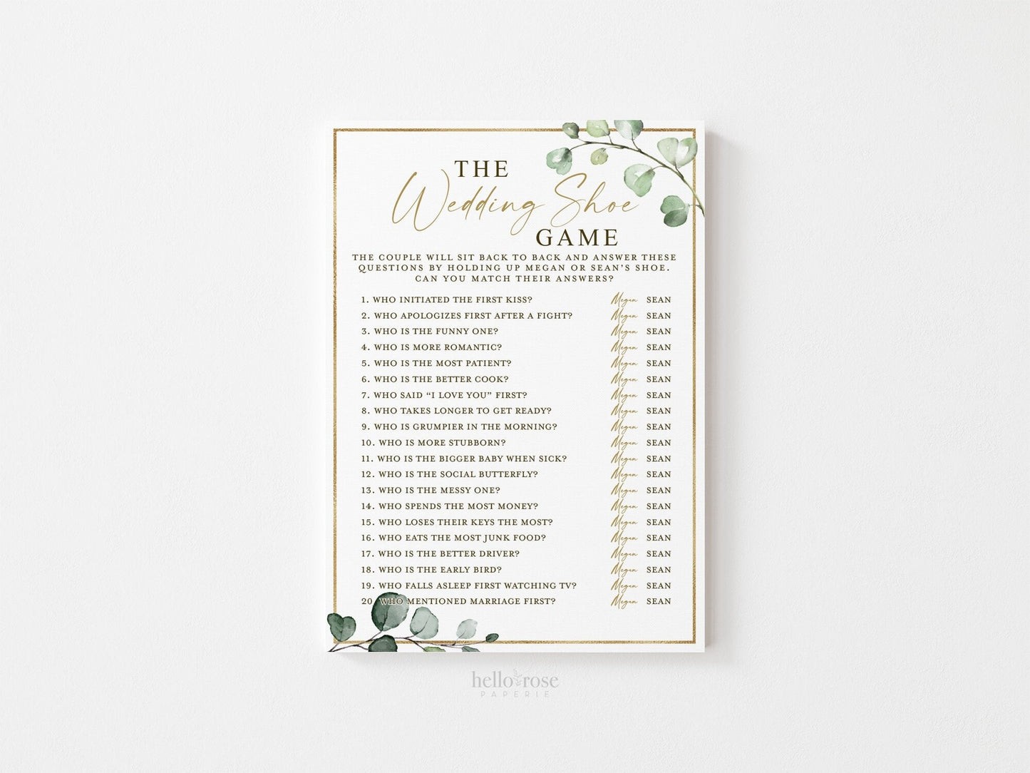 Personalized Wedding Shoe Game . Couples Shower . Rehearsal Dinner . Fun Wedding Games . Greenery and Gold . Printable Download . G2