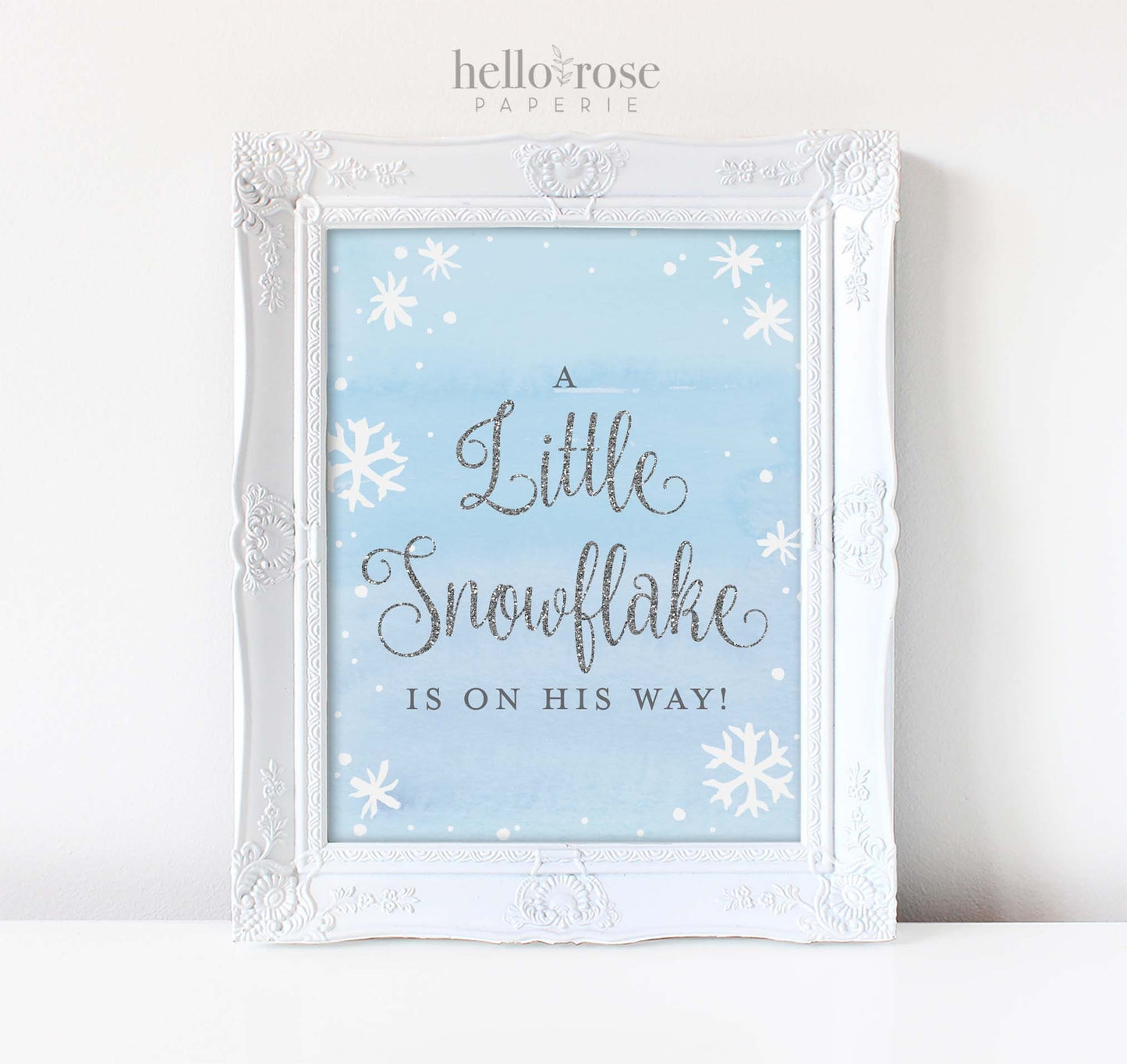 A Little Snowflake is on His Way Baby Shower Sign . Baby its Cold Outside Winter Boy Baby Shower . Blue and Silver Glitter . Printable 8x10
