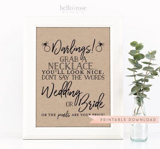 Don't Say Wedding or Bride Pearl Necklace Game Sign . Bridal Shower Bachelorette Hens Party . Kraft + White . 8x10 Printable Download