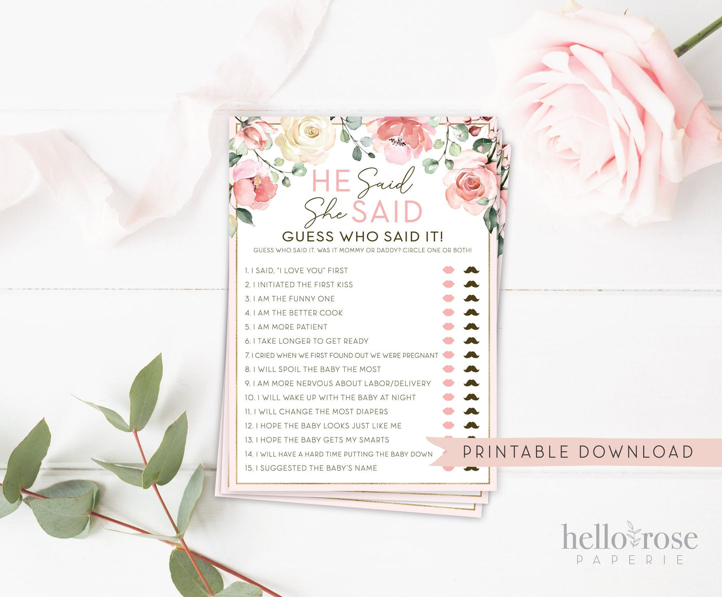 He Said She Said Baby Shower Game . Fun Printable Icebreaker . Floral Watercolor Pink Roses Greenery . Girl Baby Shower . Instant Download