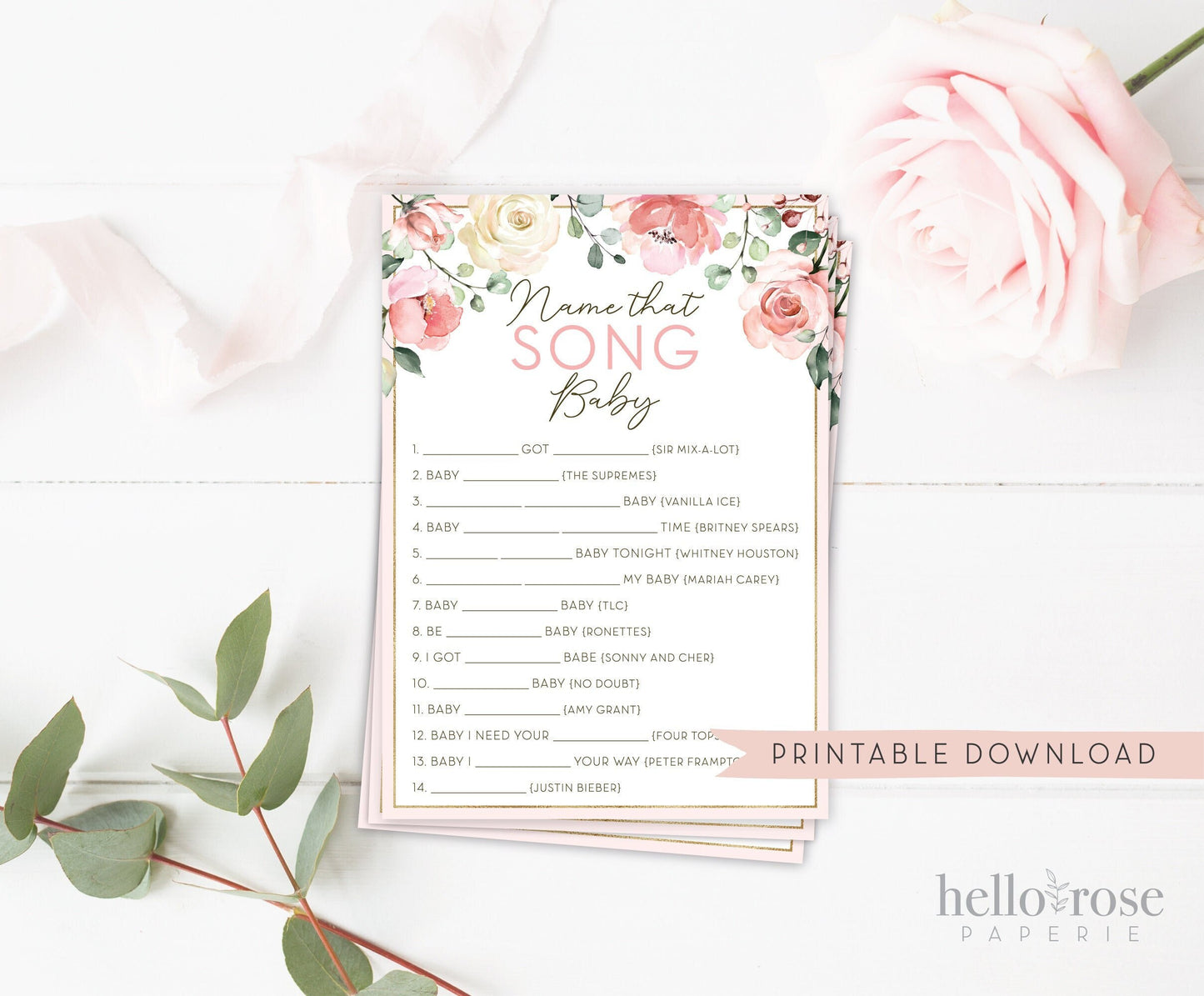 Name That Song Baby Shower Printable Game . Floral Blush Pink Roses Greenery Eucalyptus . Girl Baby Shower . Instant Digital Download