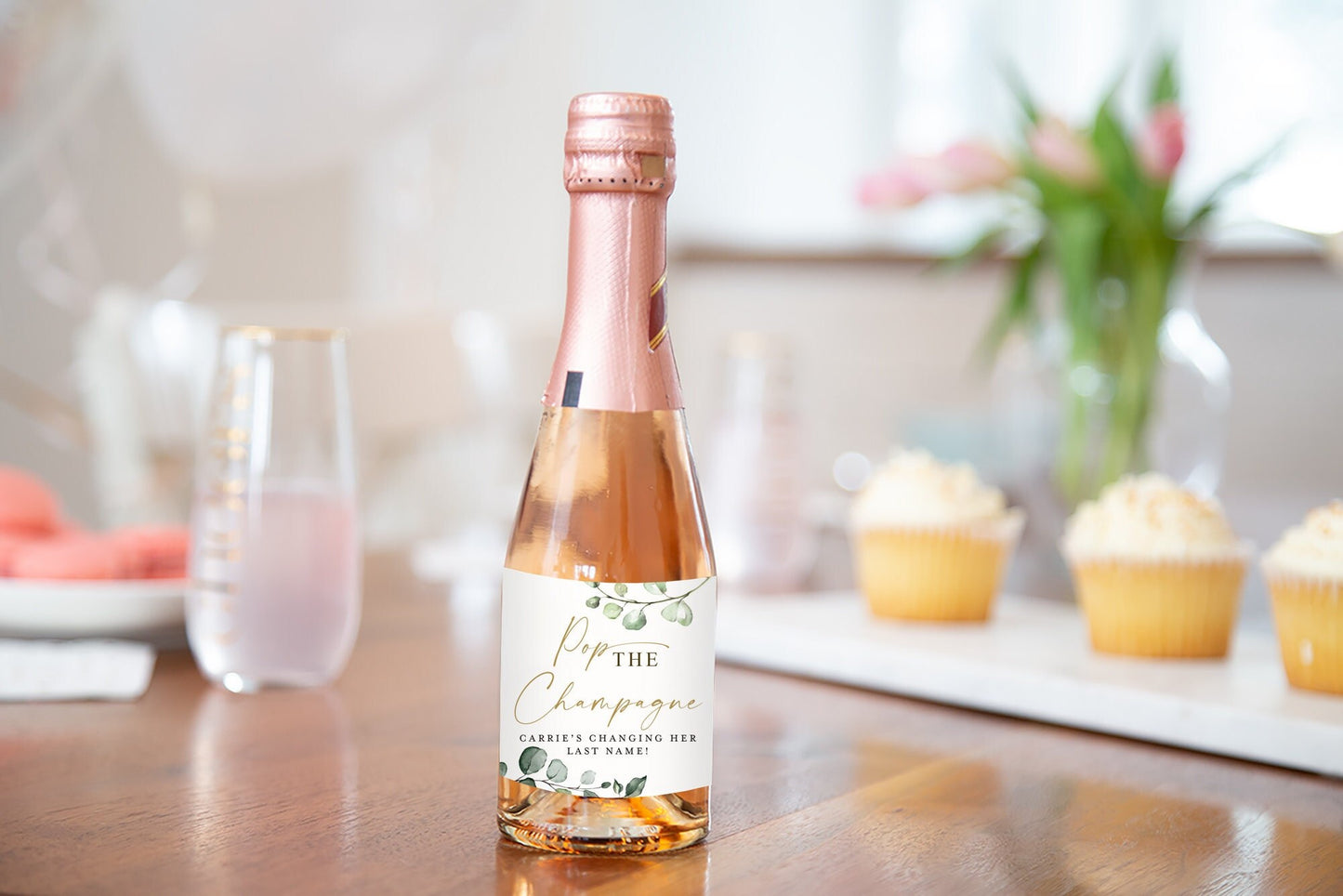 Pop the Champagne Personalized Mini Champagne Bottle PRINTABLE Labels . Greenery and Gold . Bridal Bachelorette Hens . Digital Download G2
