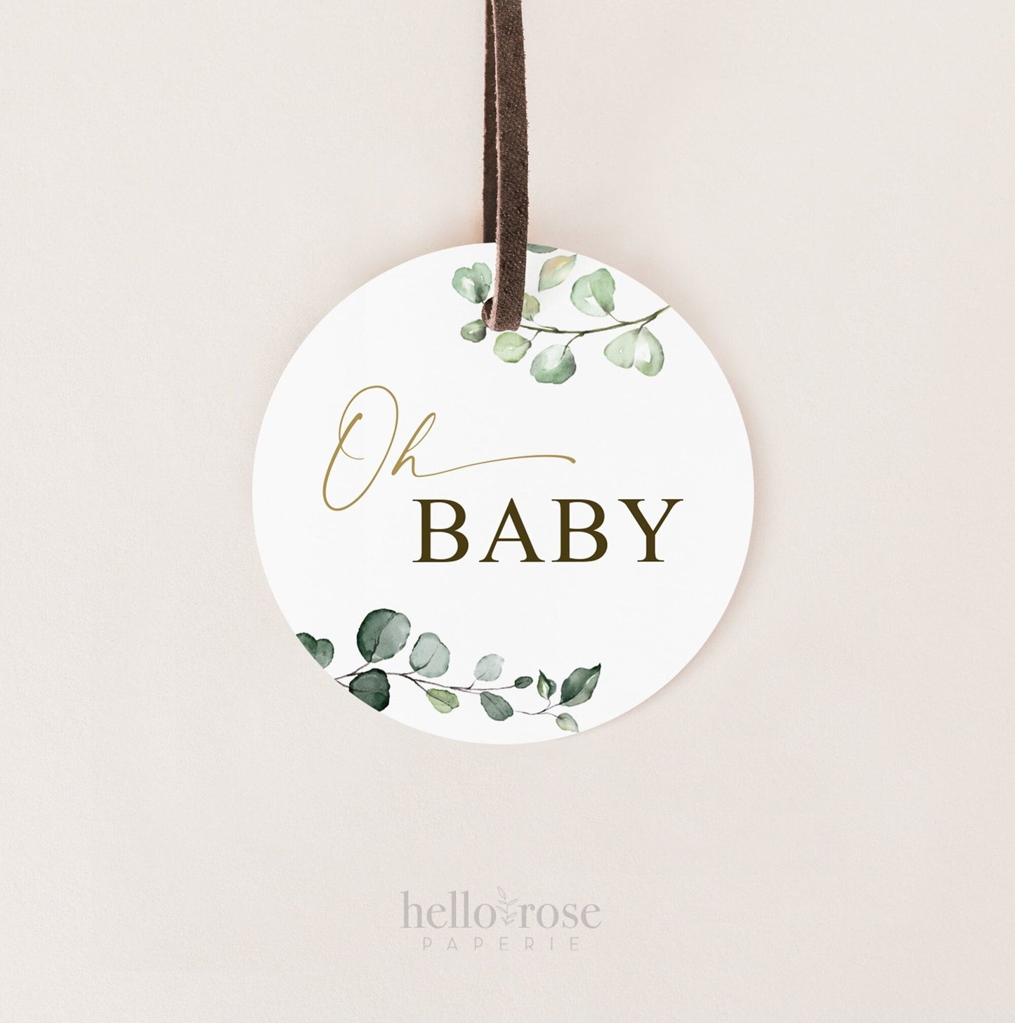 Printable Oh Baby Tags Stickers Labels Cupcake Toppers . Greenery and Gold . Baby Shower Champagne Bottle Favors . 2.25" Instant Download