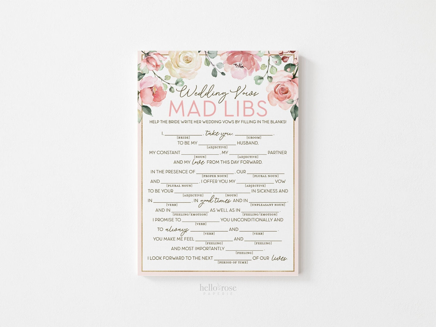 Wedding Vows Mad Libs Fun Bridal Shower Printable Game . Pink Floral Roses Eucalyptus Rustic . Hens Bachelorette Party . Instant Download