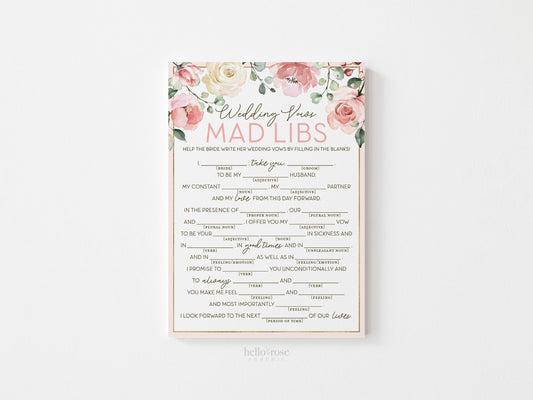 Wedding Vows Mad Libs Fun Bridal Shower Printable Game . Pink Floral Roses Eucalyptus Rustic . Hens Bachelorette Party . Instant Download