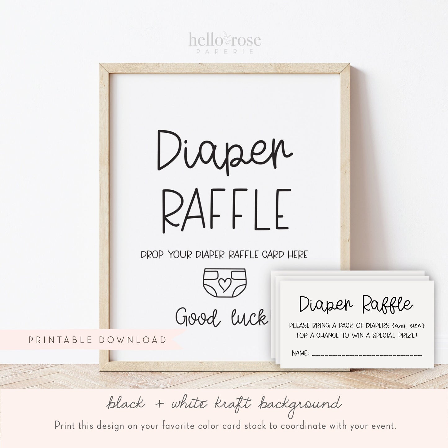 Diaper Raffle Printable Sign + Ticket Insert Cards . Boy or Girl Baby Shower . Kraft + Black & White . 8x10 Instant Digital Download . K4