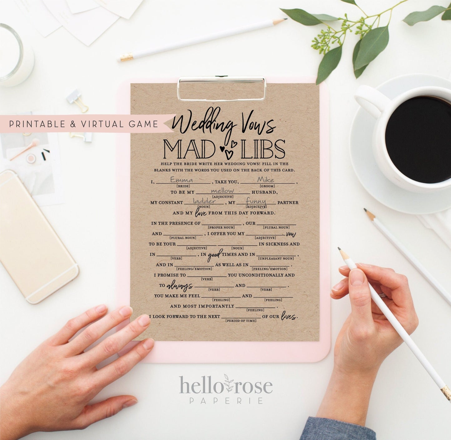 Wedding Vows Mad Libs . Printable Funny Wedding Advice Mad Libs Game . Engagement Party . Kraft + Minimalist Black White . Instant Download