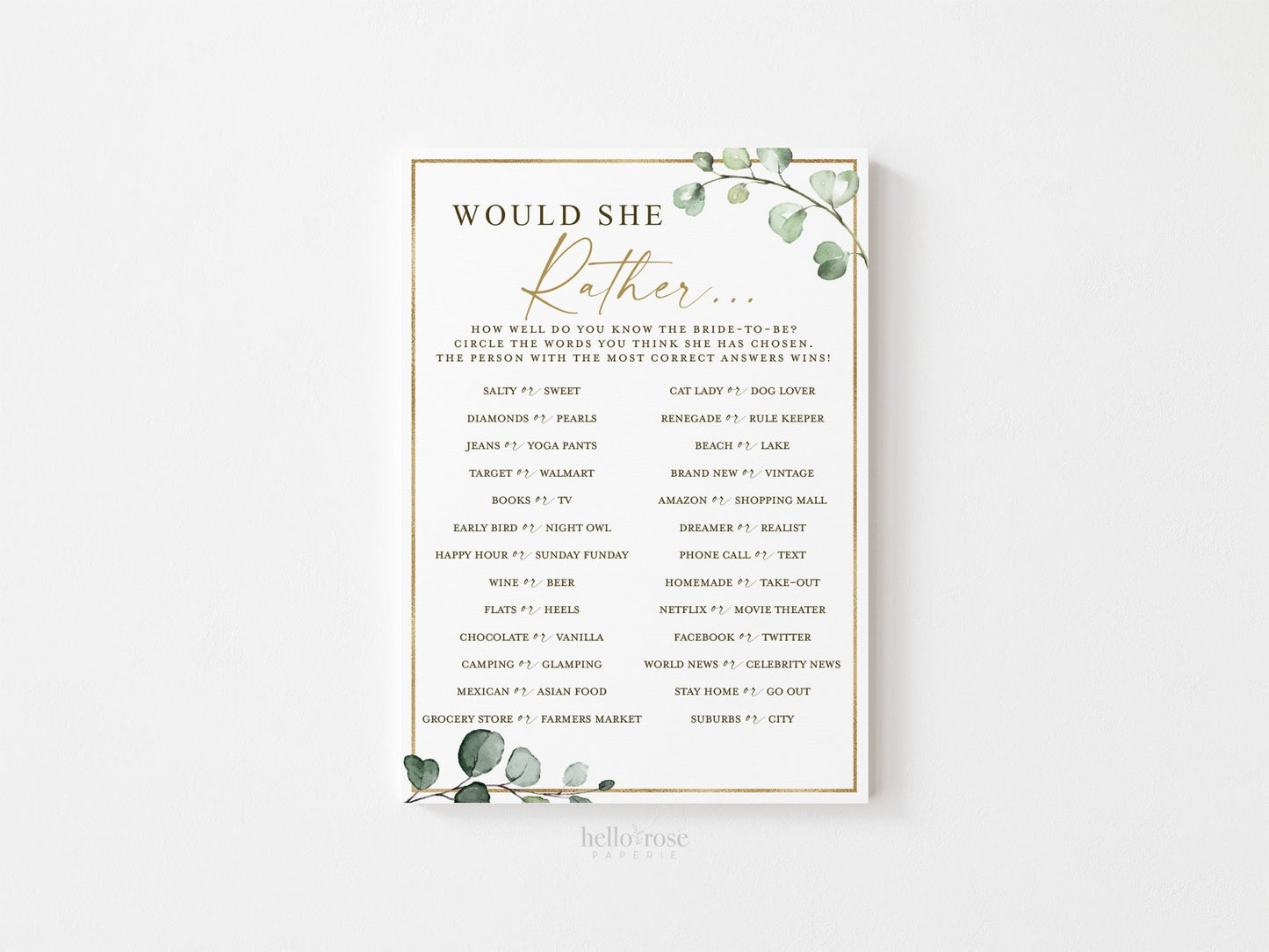 Would She Rather Bridal Shower Printable Game . Greenery and Gold . Fun Rustic Boho Game . Hens Bachelorette Party . Instant Download G2