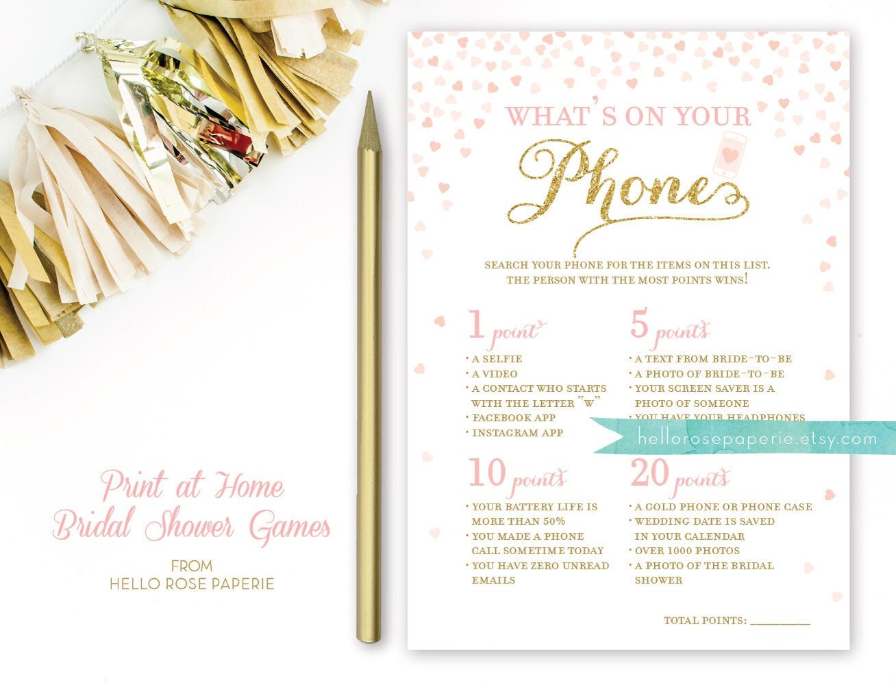 What's on Your Phone Printable Bridal Shower Game . Bachelorette Hens Party . Instant Digital Download . Pink and Gold Glitter Hearts . PDF