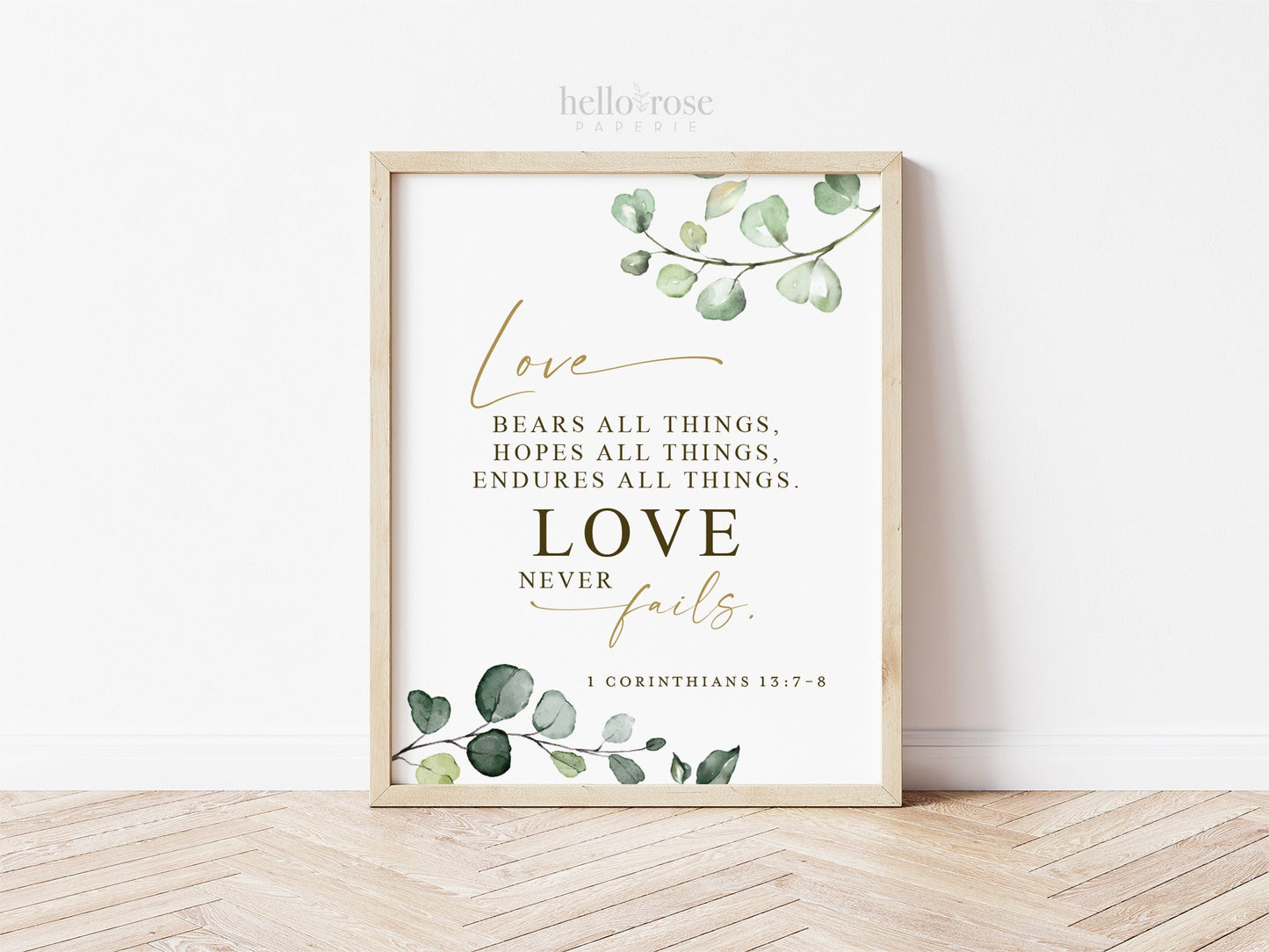 1 Corinthians 13:7-8 . Love Never Fails Bible Verse . Wedding Printable Christian Wall Art Sign . Greenery and Gold . Instant Download G2