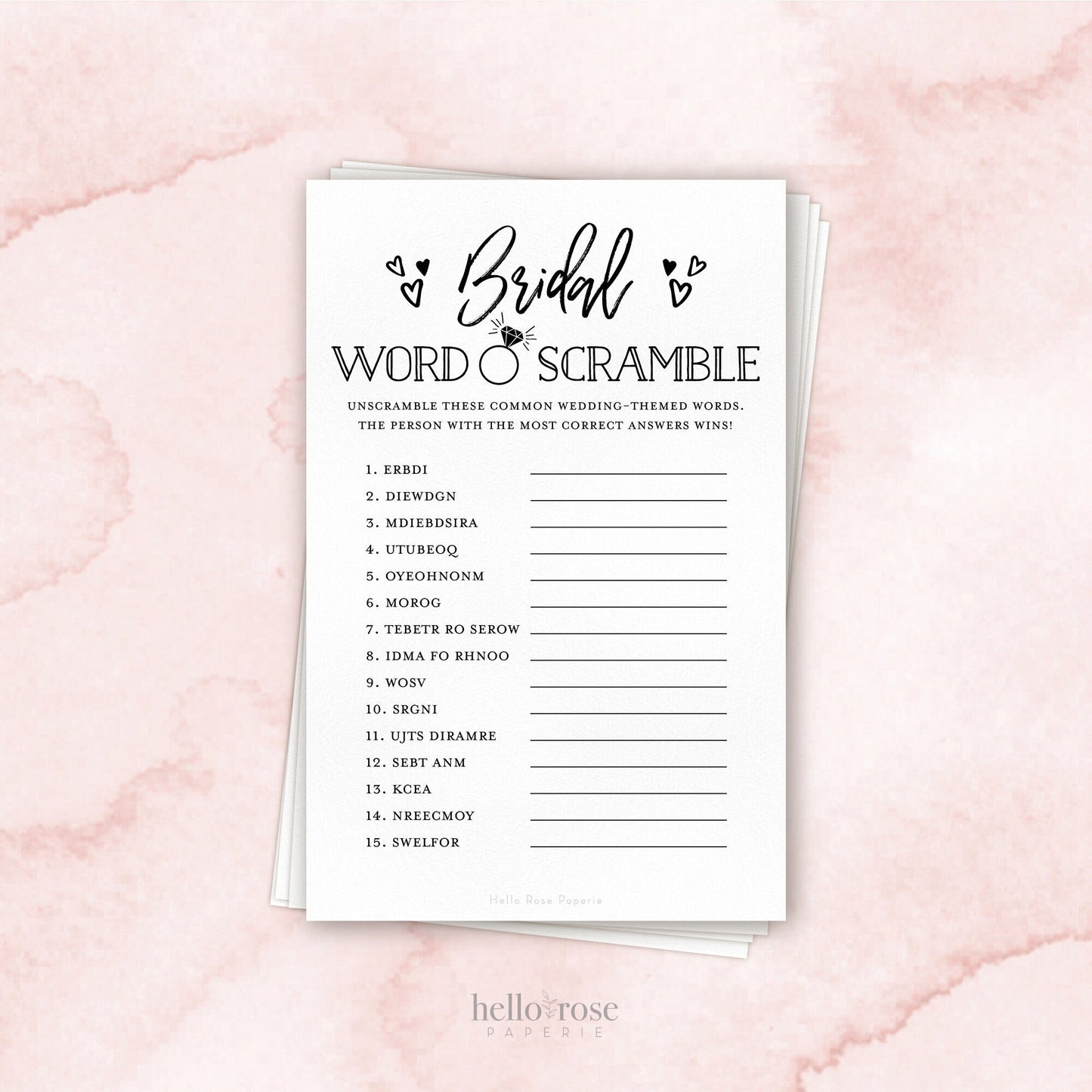 Bridal Word Scramble Printable Bridal Shower Game . Bachelorette Hens Party . Kraft Rustic + Minimalist . Instant Digital Download PDF