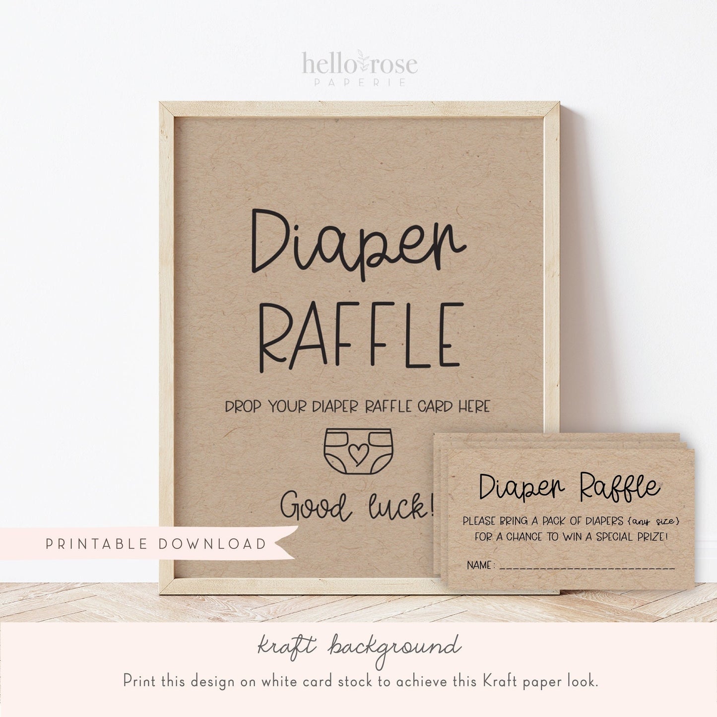Diaper Raffle Printable Sign + Ticket Insert Cards . Boy or Girl Baby Shower . Kraft + Black & White . 8x10 Instant Digital Download . K4