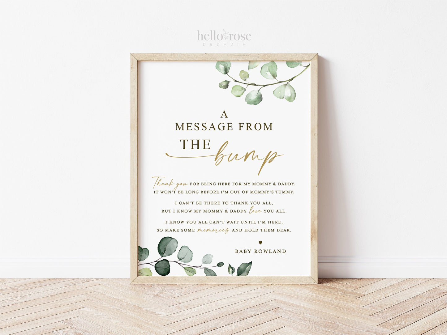 A Message From the Bump Mommy and Daddy PRINTABLE Personalized Sign . Baby Shower Message From Baby Bump . Greenery Gold . DOWNLOAD 8x10 G2