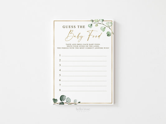 Guess the Baby Food Sign + Card . PRINTABLE Baby Shower Game . Sip & See Gender Reveal Couples Shower . Greenery Gold . Instant Download G2