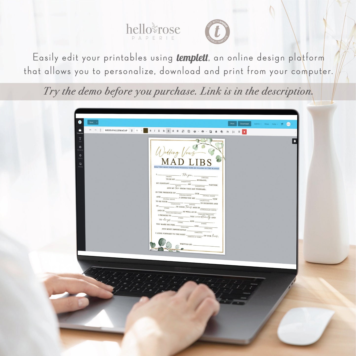 Wedding Vows Mad Libs Game . Personalized Reception Games . Greenery + Gold . PRINTABLE Editable Template Instant Download Templett G2-T