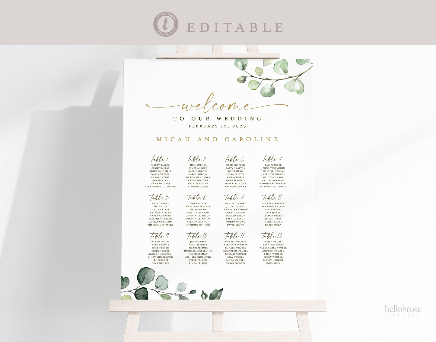 Seating Chart Wedding Poster Template . Wedding Assigned Seating Table Sign . Greenery and Gold . PRINTABLE Editable Text Templett G2-T