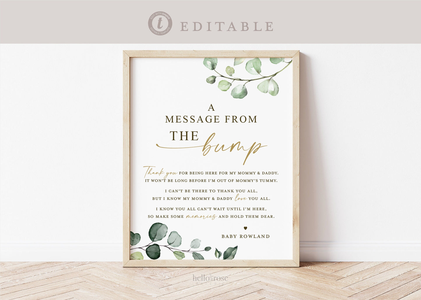 A Message From the Bump . Personalized Baby Shower Bump Sign . Greenery + Gold . PRINTABLE Editable Template Instant Download Templett G2-T
