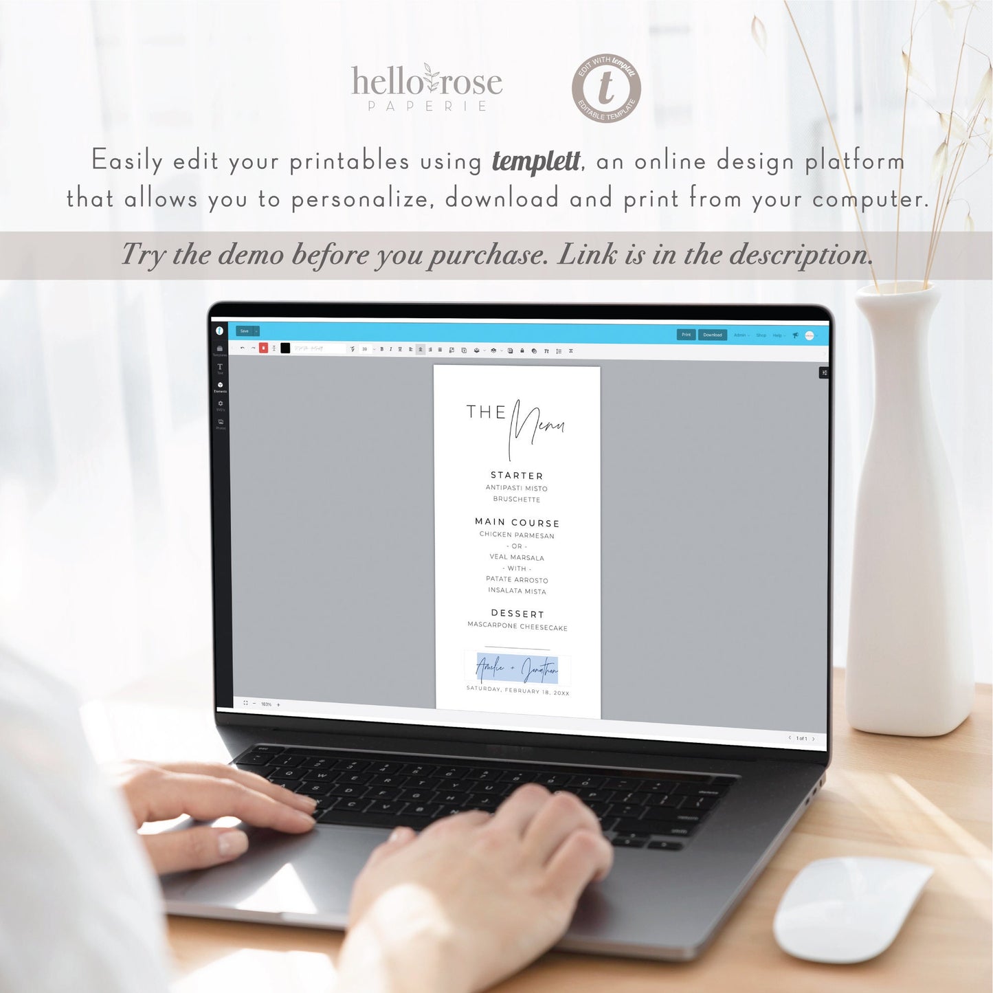 Minimalist Menu Template Wedding . Modern Classic Wedding Bridal Baby Shower . PRINTABLE Editable . Templett Instant Download . PENNY
