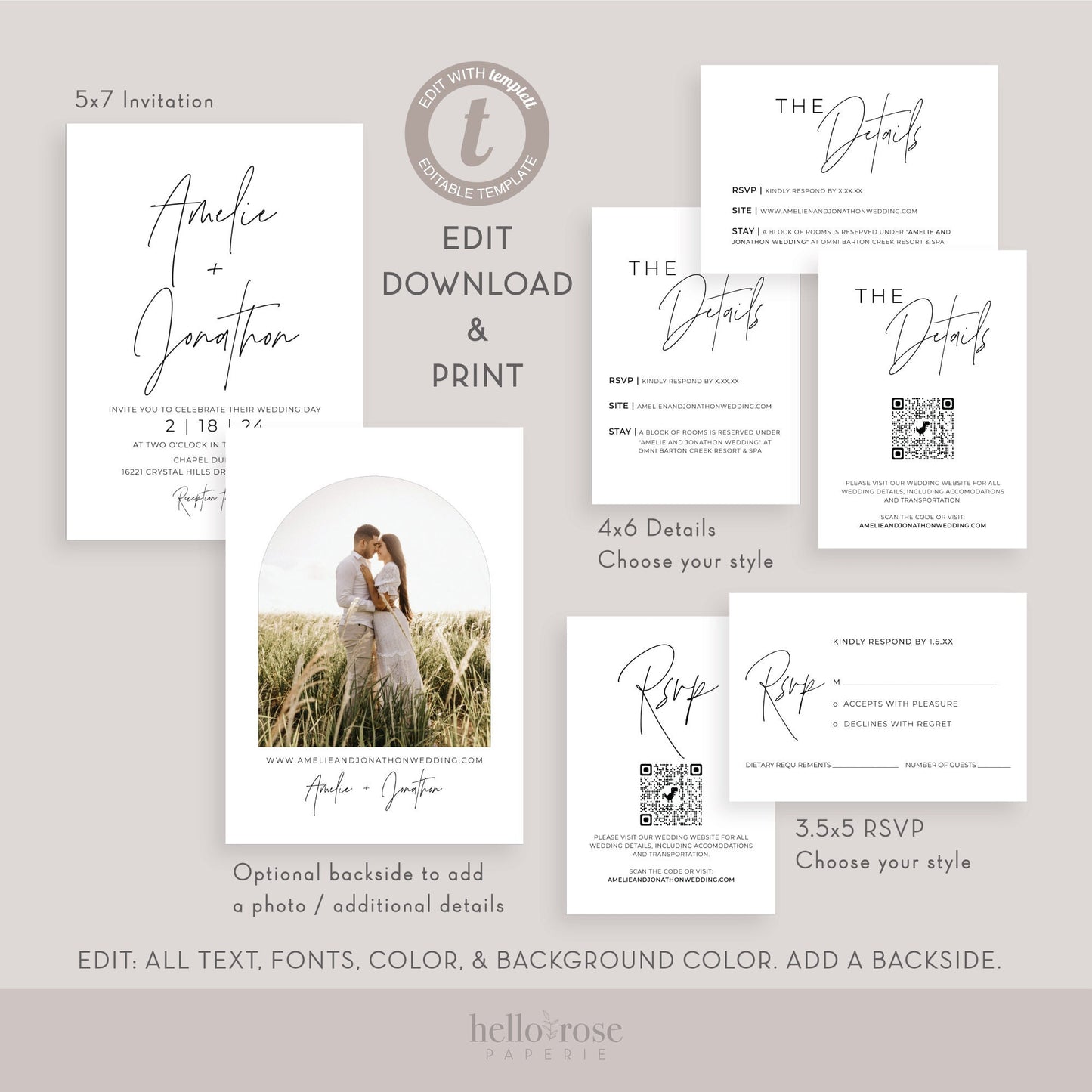 Wedding Invitation Template Suite with RSVP, Details, QR Code . Minimalist Modern Wedding Set . Editable Instant Download . Templett PENNY
