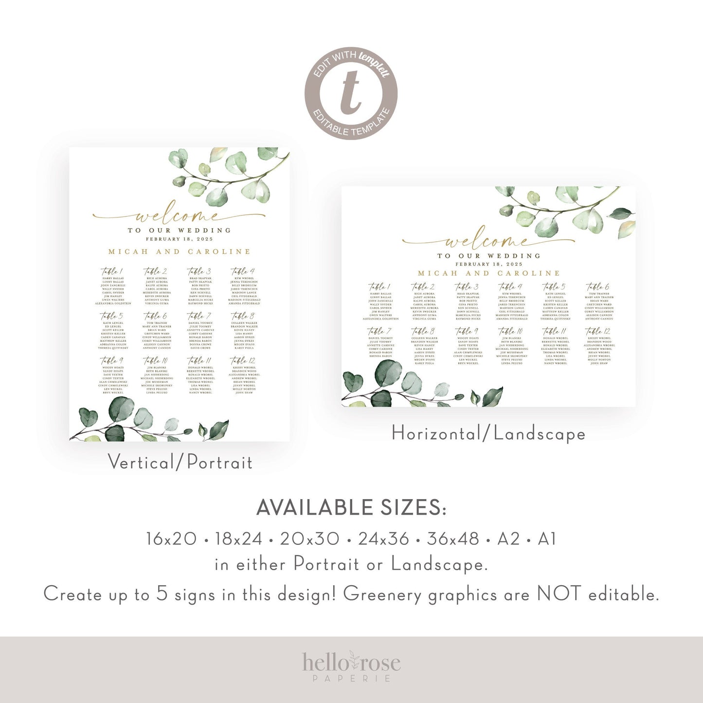 Seating Chart Wedding Poster Template . Wedding Assigned Seating Table Sign . Greenery and Gold . PRINTABLE Editable Text Templett G2-T