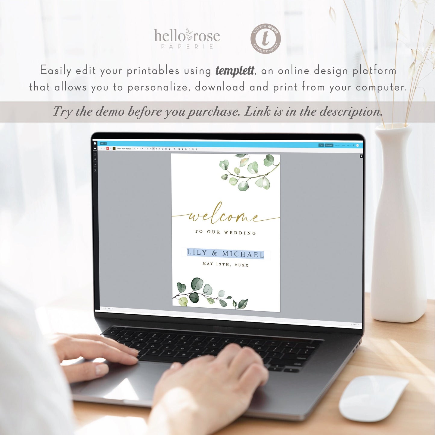 Wedding Welcome Template Sign . Greenery and Gold . Welcome Wedding Template . PRINTABLE Editable Poster . Instant Download Templett PENNY