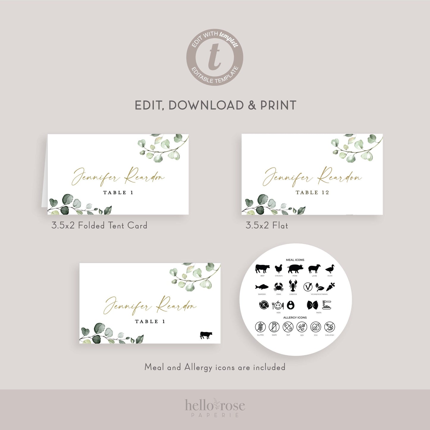 Place Cards Template for Wedding . Greenery and Gold . Table Number Name Escort Cards . PRINTABLE Editable Templett Instant Download . G2-T