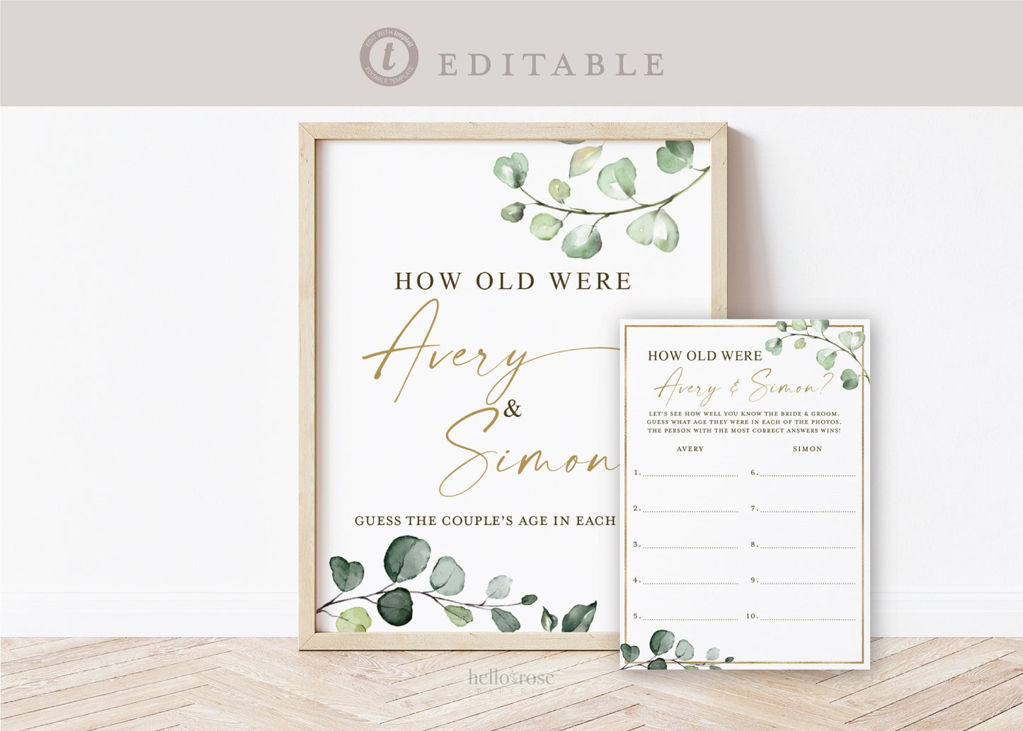 How Old Were the Bride and Groom . Bridal Shower Wedding Game . Greenery + Gold . PRINTABLE Editable Template Instant Download Templett G2-T
