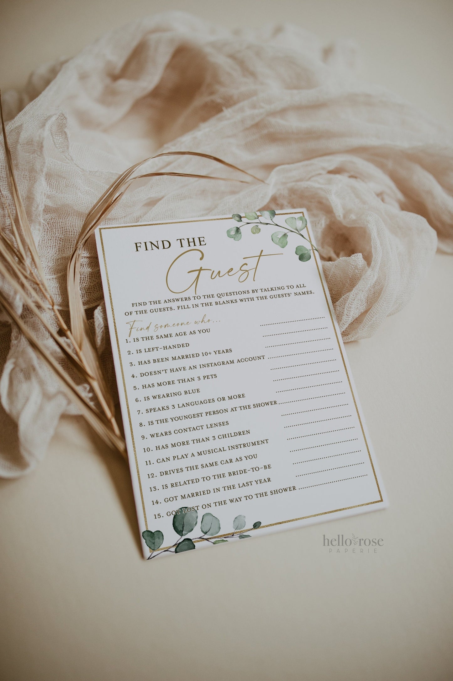 Find the Guest Bridal Shower Bachelorette Game . Greenery + Gold . PRINTABLE Editable Template Instant Download Templett G2-T