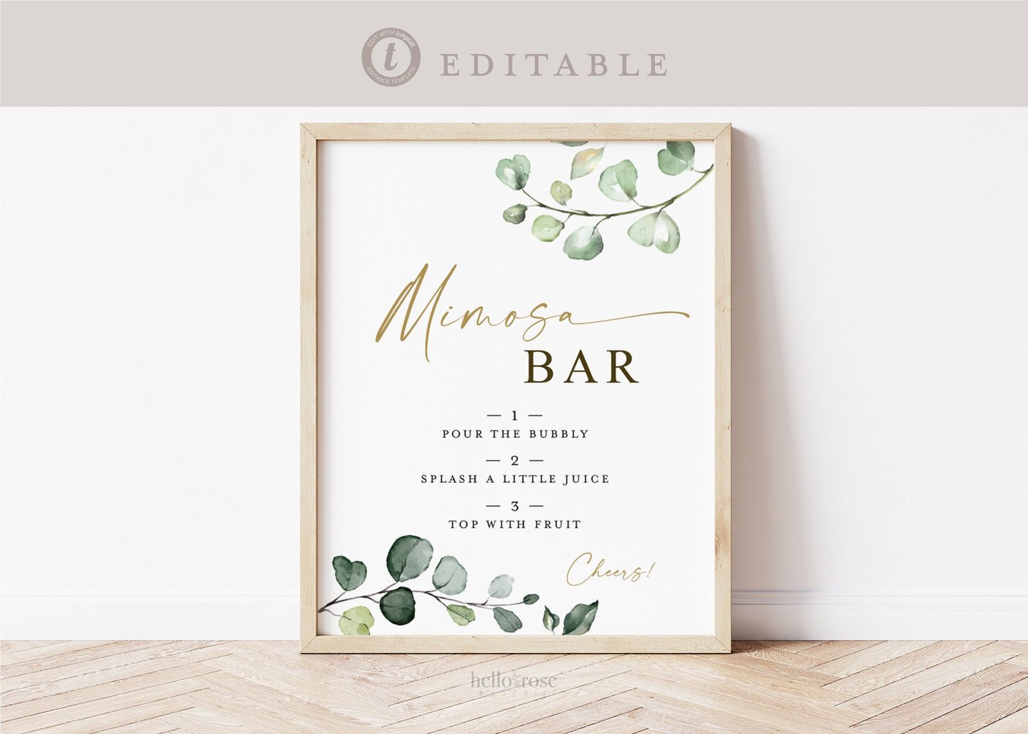 Mimosa Bar Sign . Greenery + Gold . Wedding Engagement Bridal Baby Shower Bachelorette Hens Party . Template Instant Download Templett G2-T
