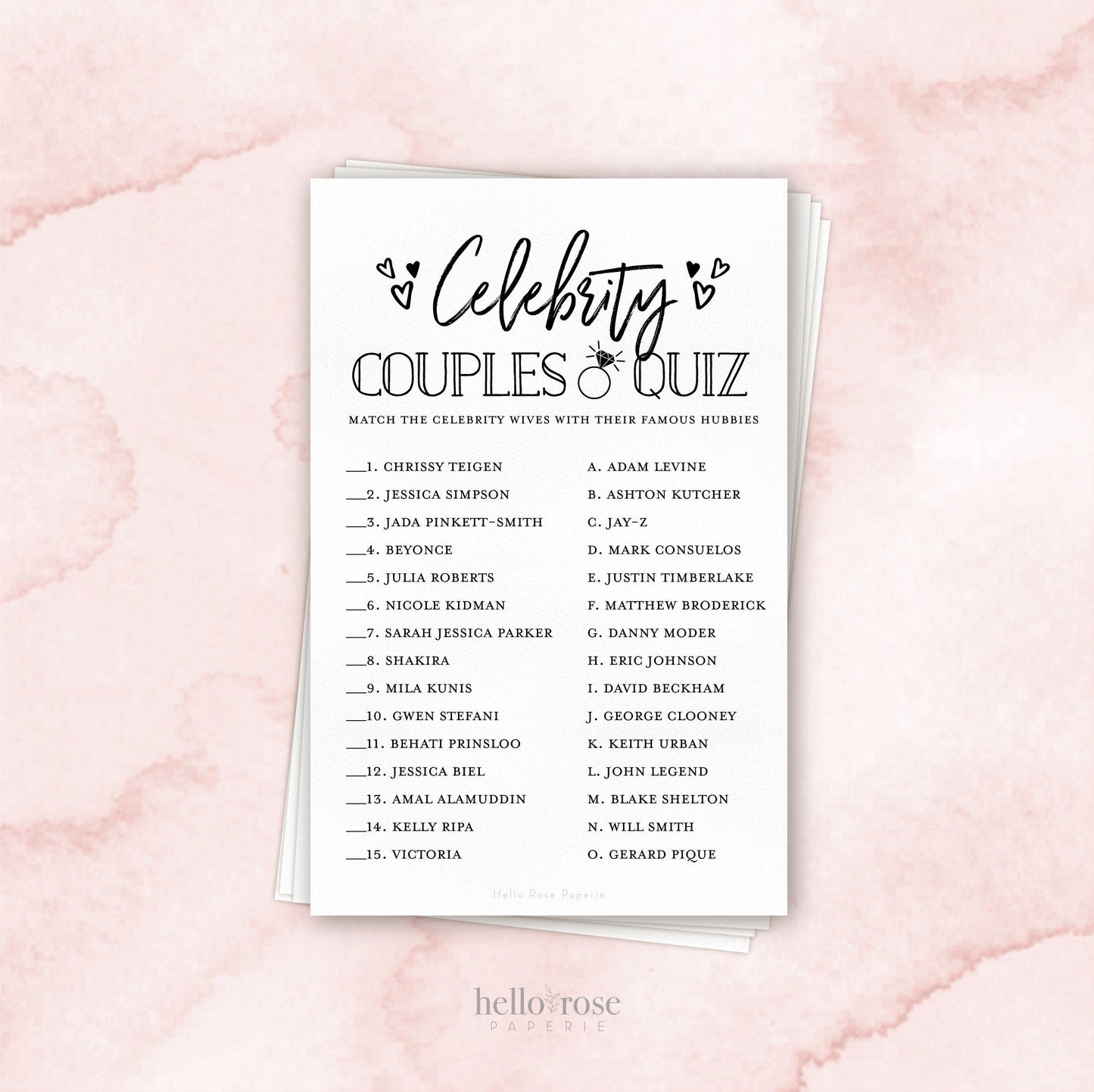 Celebrity Couples Quiz + Answer Key . Printable Bridal Shower Game . Kraft + Minimalist Black and White . Instant Digital Download PDF