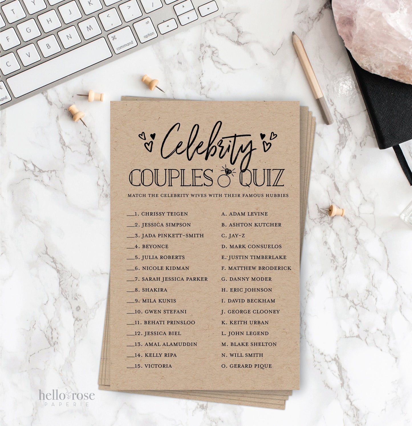 Celebrity Couples Quiz + Answer Key . Printable Bridal Shower Game . Kraft + Minimalist Black and White . Instant Digital Download PDF