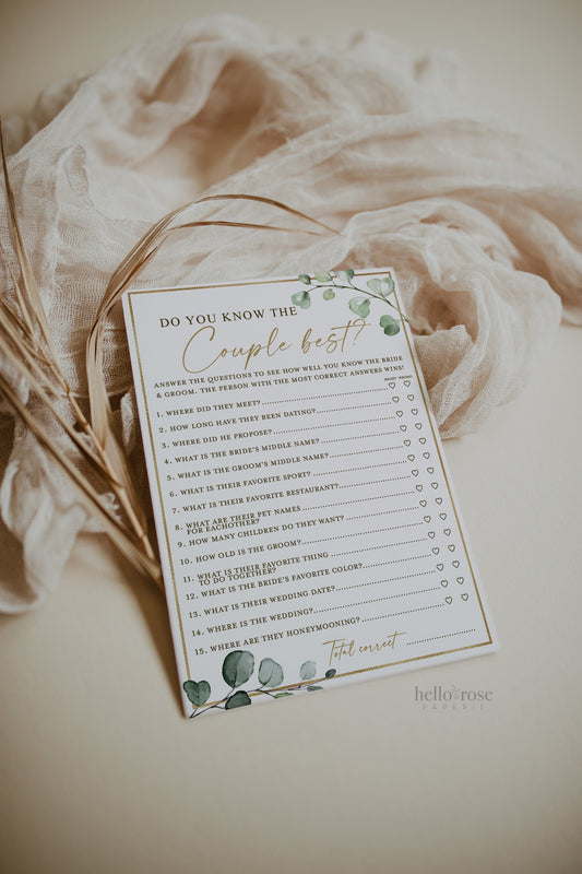 Do You Know the Couple Best Bridal Shower Bachelorette Game . Greenery + Gold . PRINTABLE Editable Template Instant Download Templett G2-T