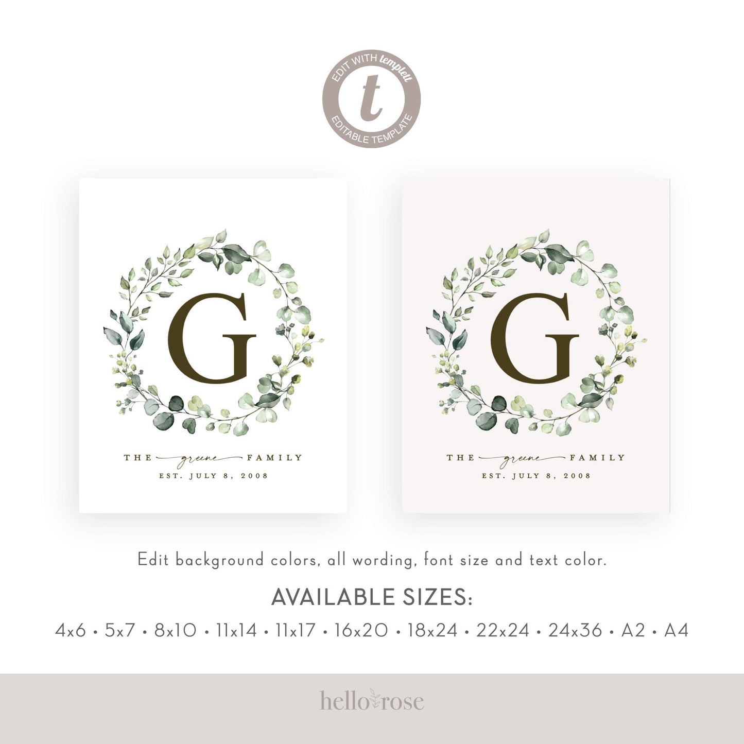 Personalized Family Name Printable Christmas Gift Sign . Last Name Monogram Established Date . Wedding Anniversary . Download Templett