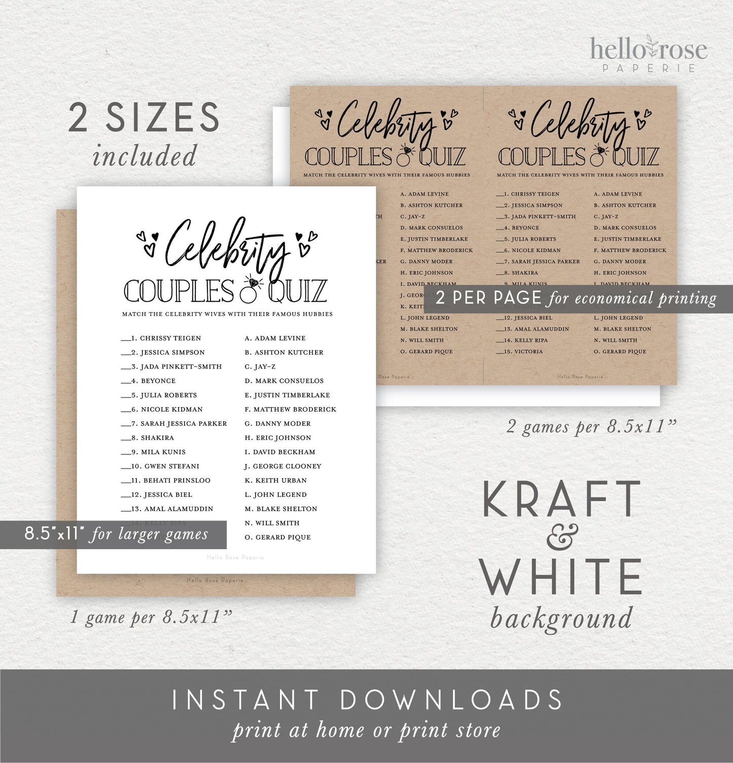 Celebrity Couples Quiz + Answer Key . Printable Bridal Shower Game . Kraft + Minimalist Black and White . Instant Digital Download PDF