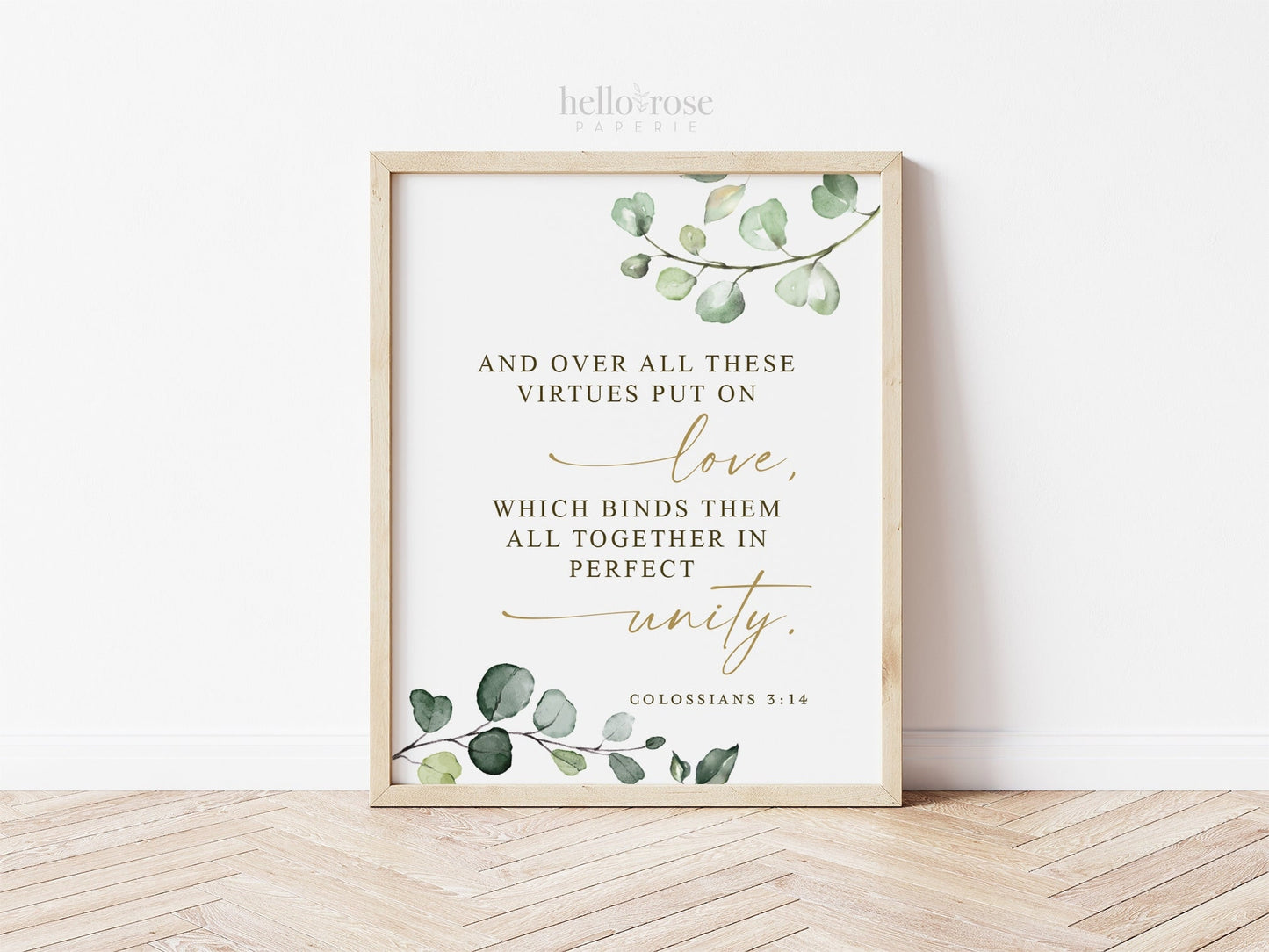 Colossians 3:14. Put On Love Bible Verse . Wedding Gift Printable Christian Wall Art Sign . Greenery and Gold . Instant Download G2