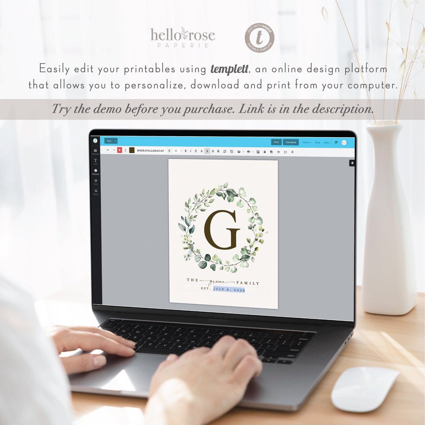 Personalized Family Name Printable Christmas Gift Sign . Last Name Monogram Established Date . Wedding Anniversary . Download Templett