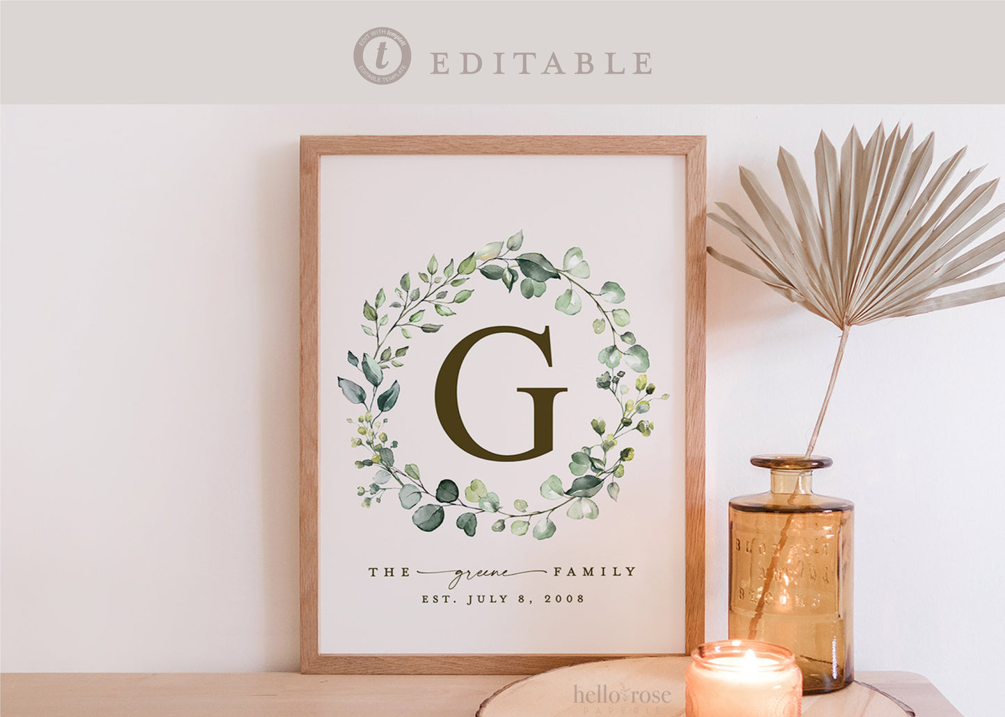 Personalized Family Name Printable Christmas Gift Sign . Last Name Monogram Established Date . Wedding Anniversary . Download Templett