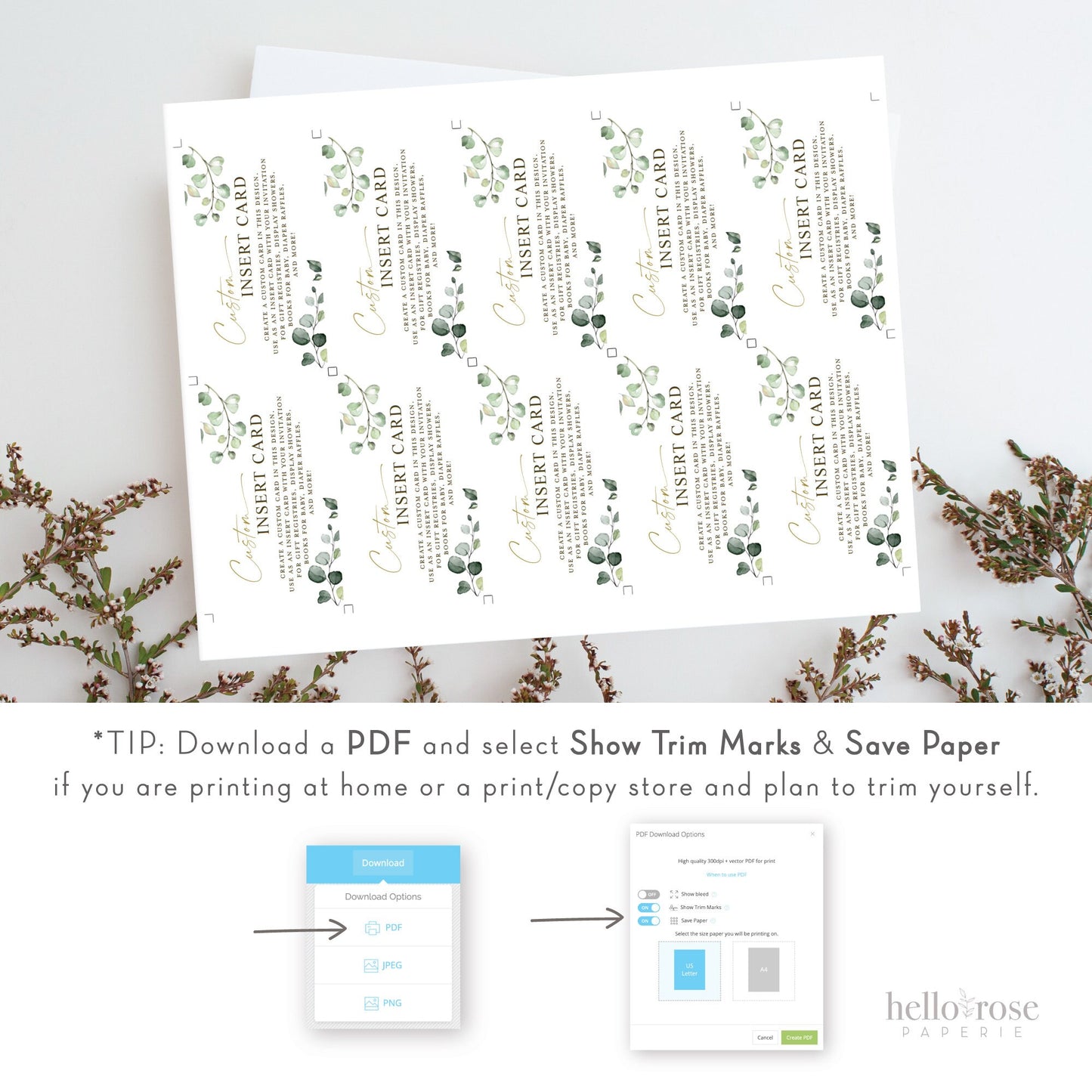Custom Enclosure Card Editable Template . Wedding Baby Bridal Shower . Invite Insert . Greenery + Gold . PRINTABLE Templett Instant Download