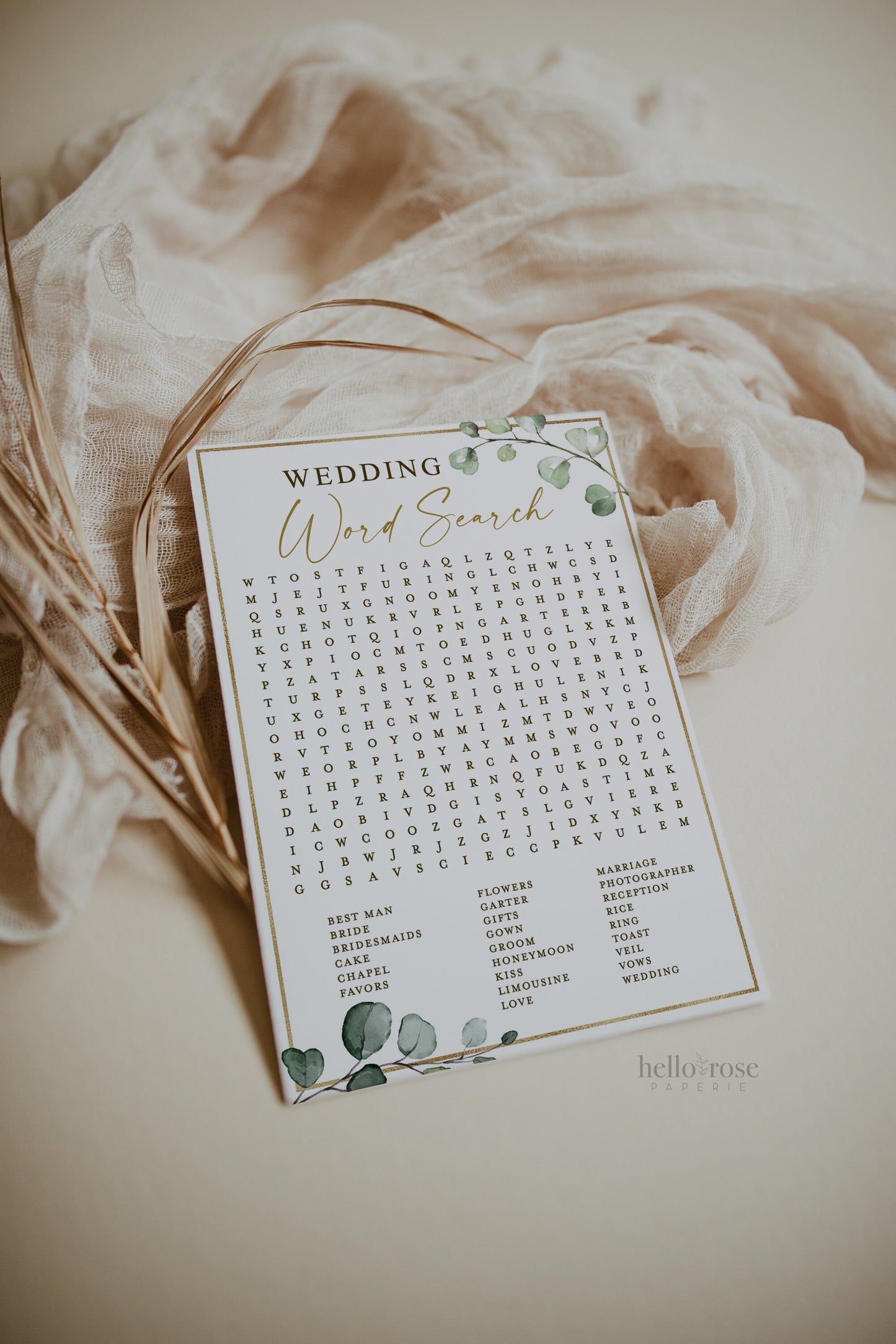Wedding Word Search Game . Fun Bridal Shower Games . Greenery + Gold . PRINTABLE Editable Template Instant Download Templett G2-T
