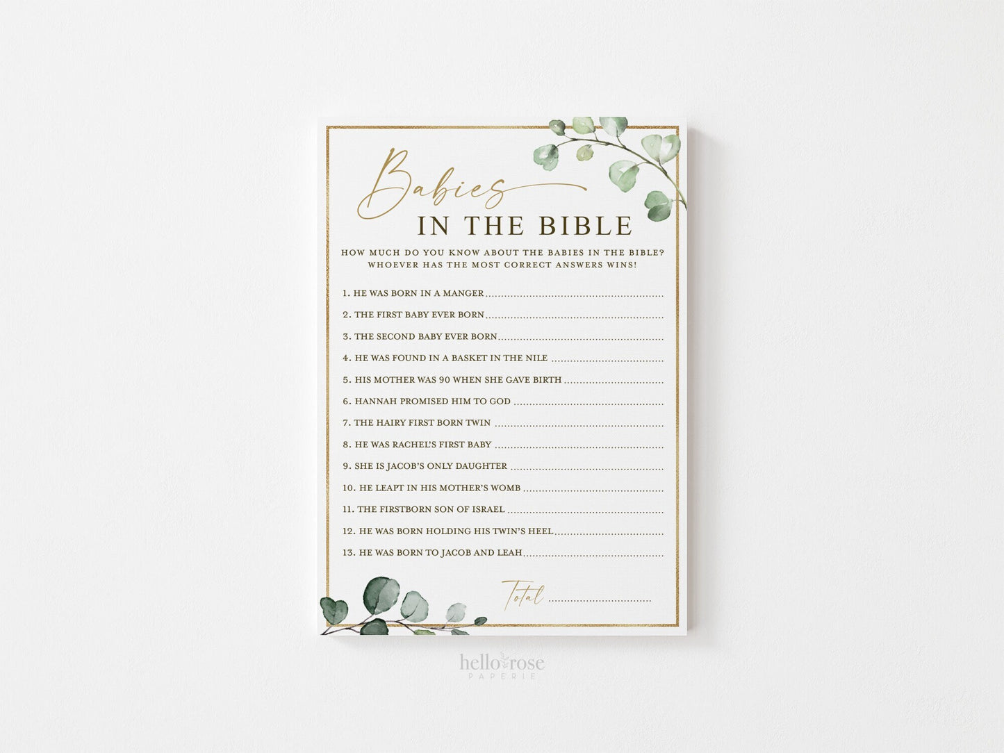 Babies in the Bible Baby Shower Trivia PRINTABLE Game . Greenery Gold . Christian Religious Biblical Baby Shower Games . Instant Download G2