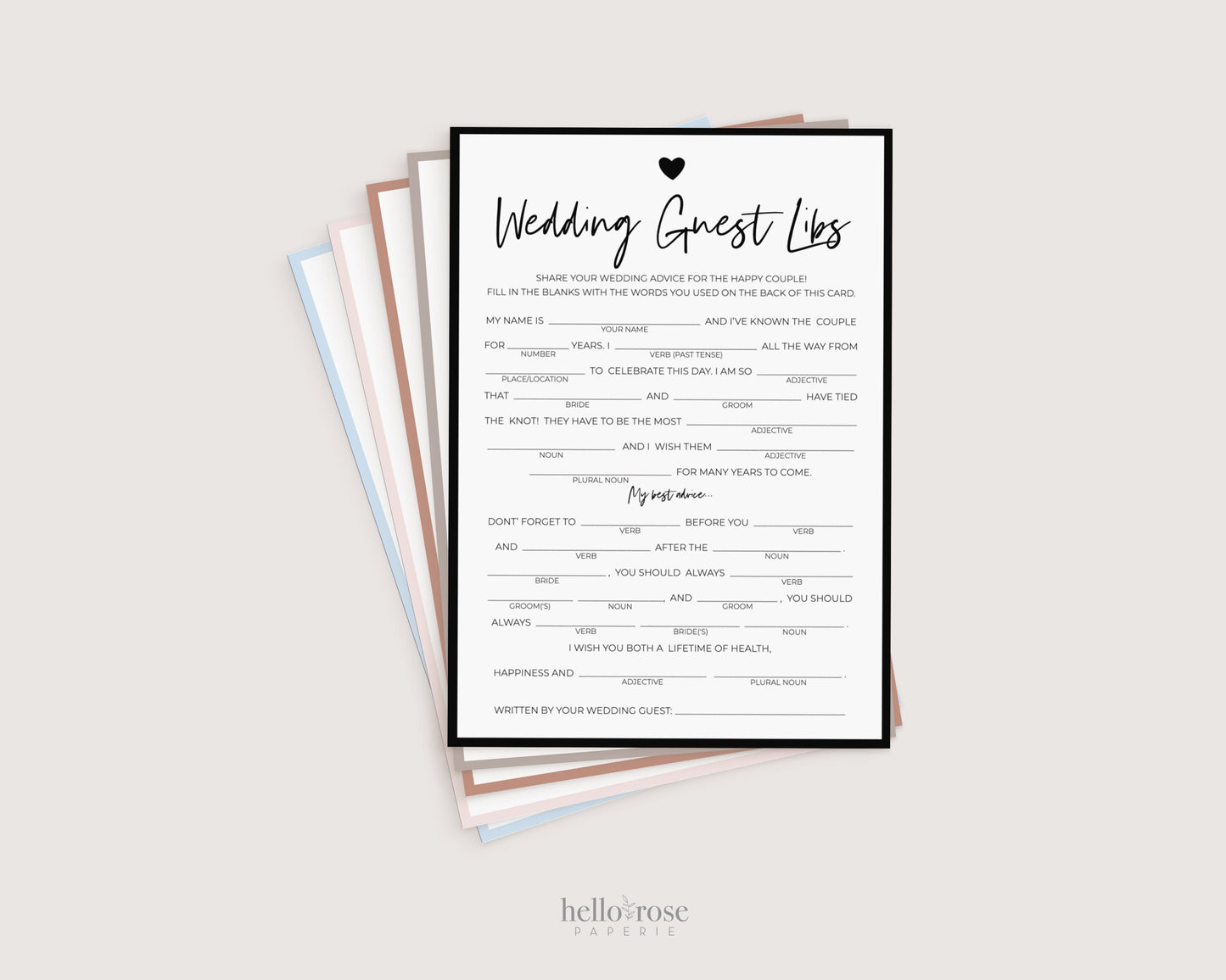 Wedding Guest Libs Game . FULLY EDITABLE . Printable Funny Wedding Advice Mad Libs . Minimalist Personalized . Download Template Templett